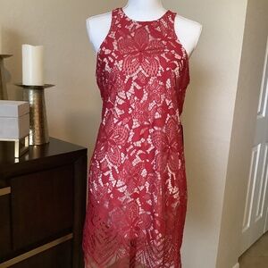 NWT Express Floral Lace Contrast Sheath Mini Dress in Red •Medium